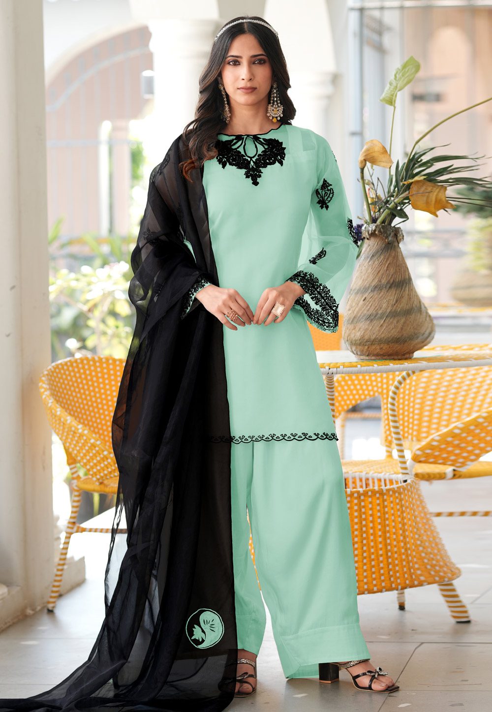Sea Green Organza Readymade Palazzo Suit 325042