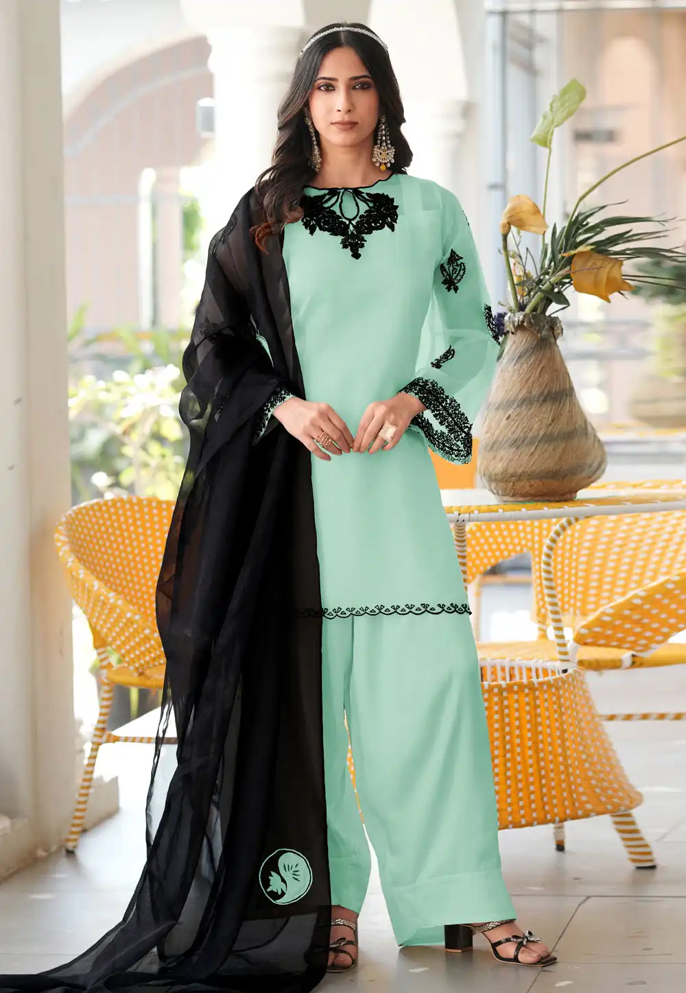 Sea Green Organza Readymade Palazzo Suit 325042
