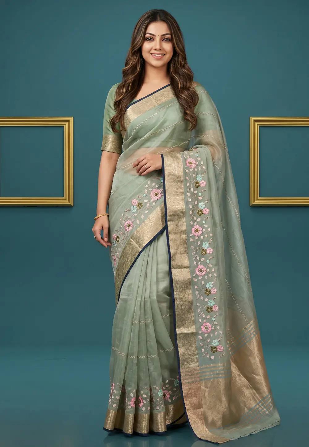 Sea Green Organza Saree With Blouse 336629