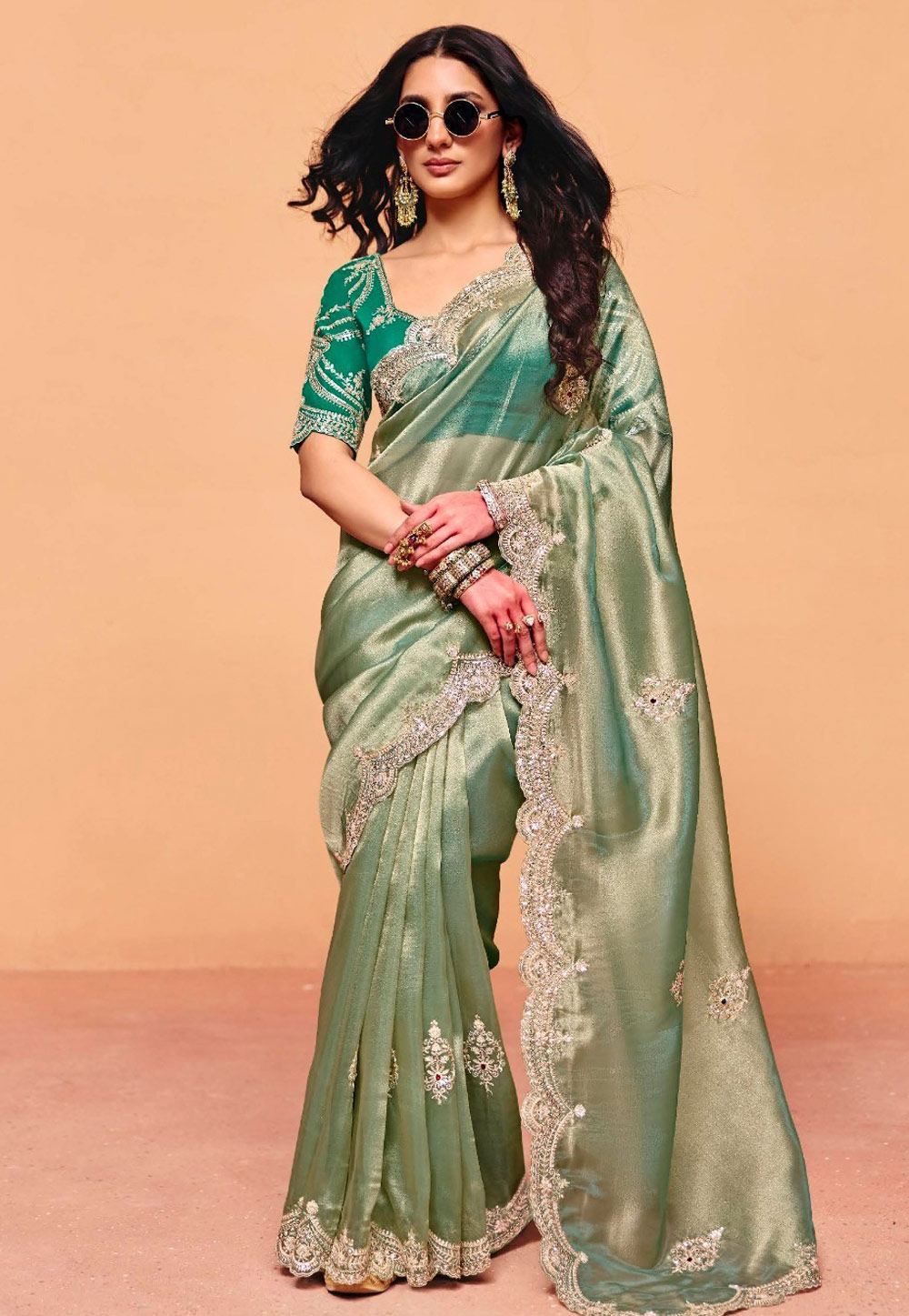 Sea Green Organza Saree With Blouse 326063