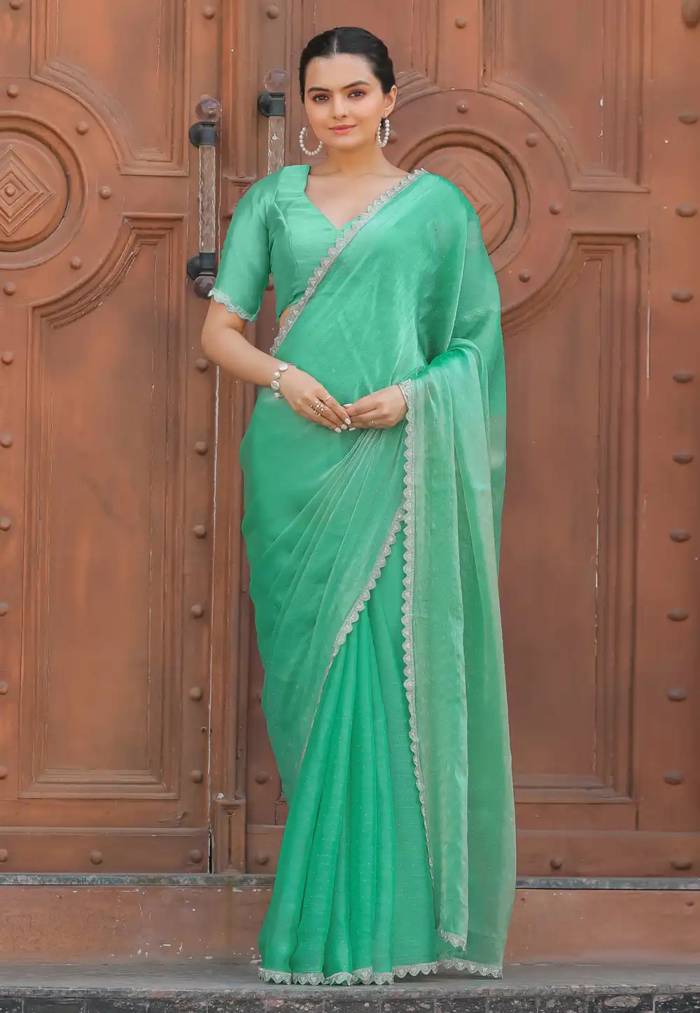 Sea Green Organza Saree With Blouse 289307