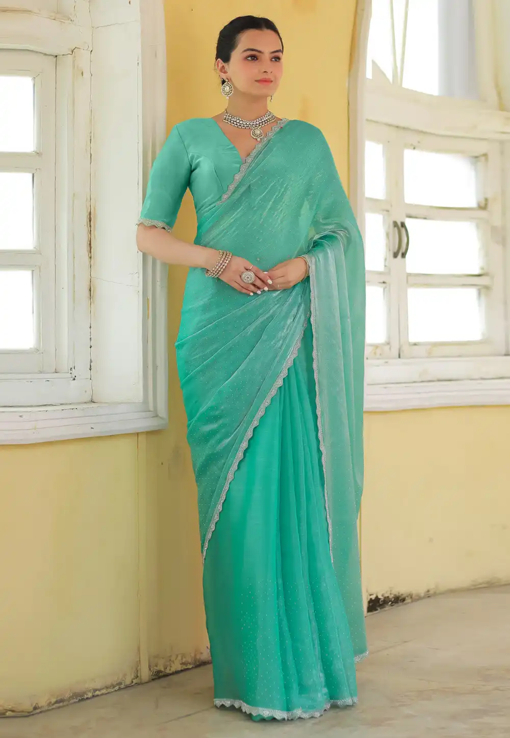 Sea Green Organza Saree With Blouse 289304
