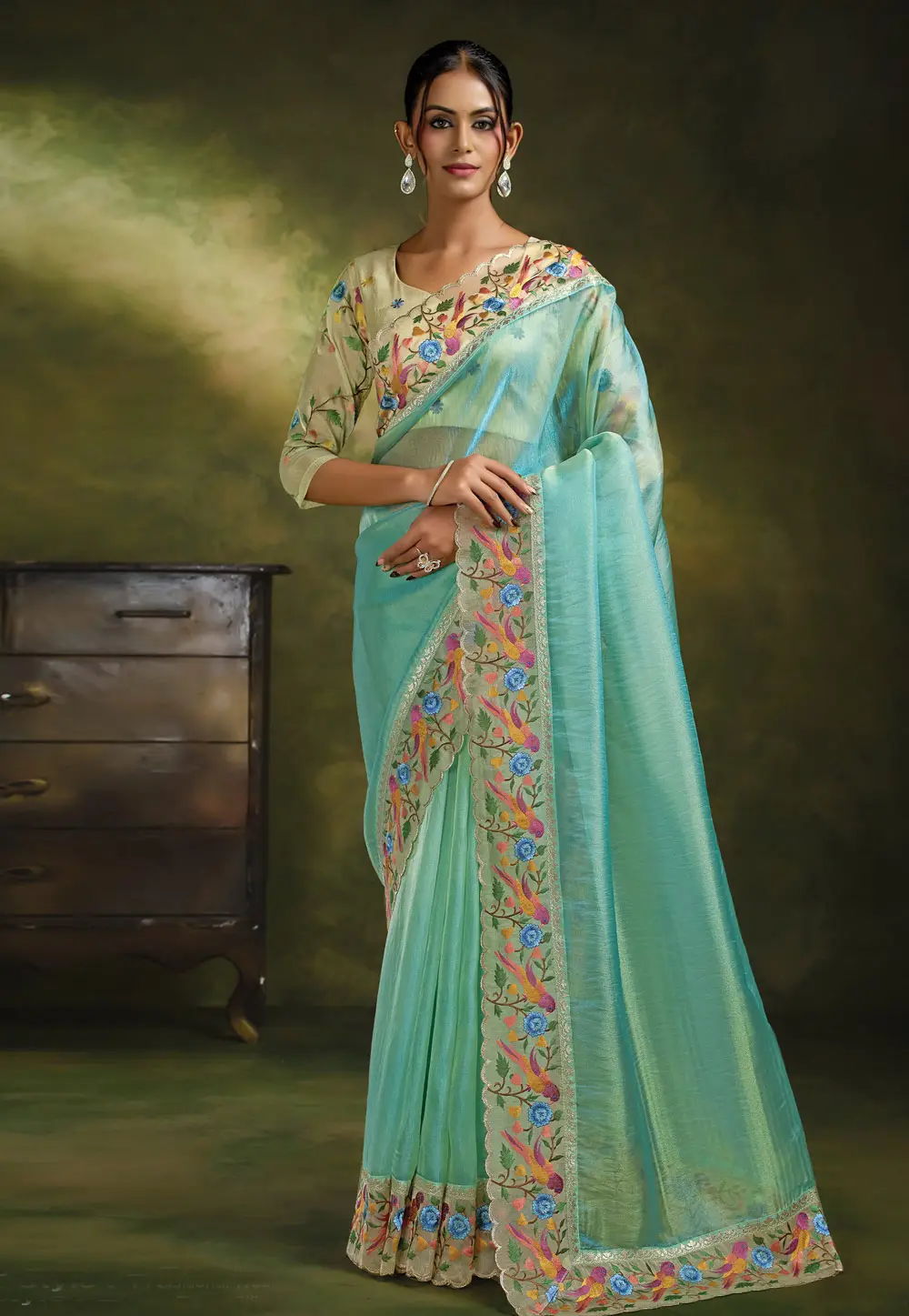 Sea Green Organza Saree With Blouse 337000