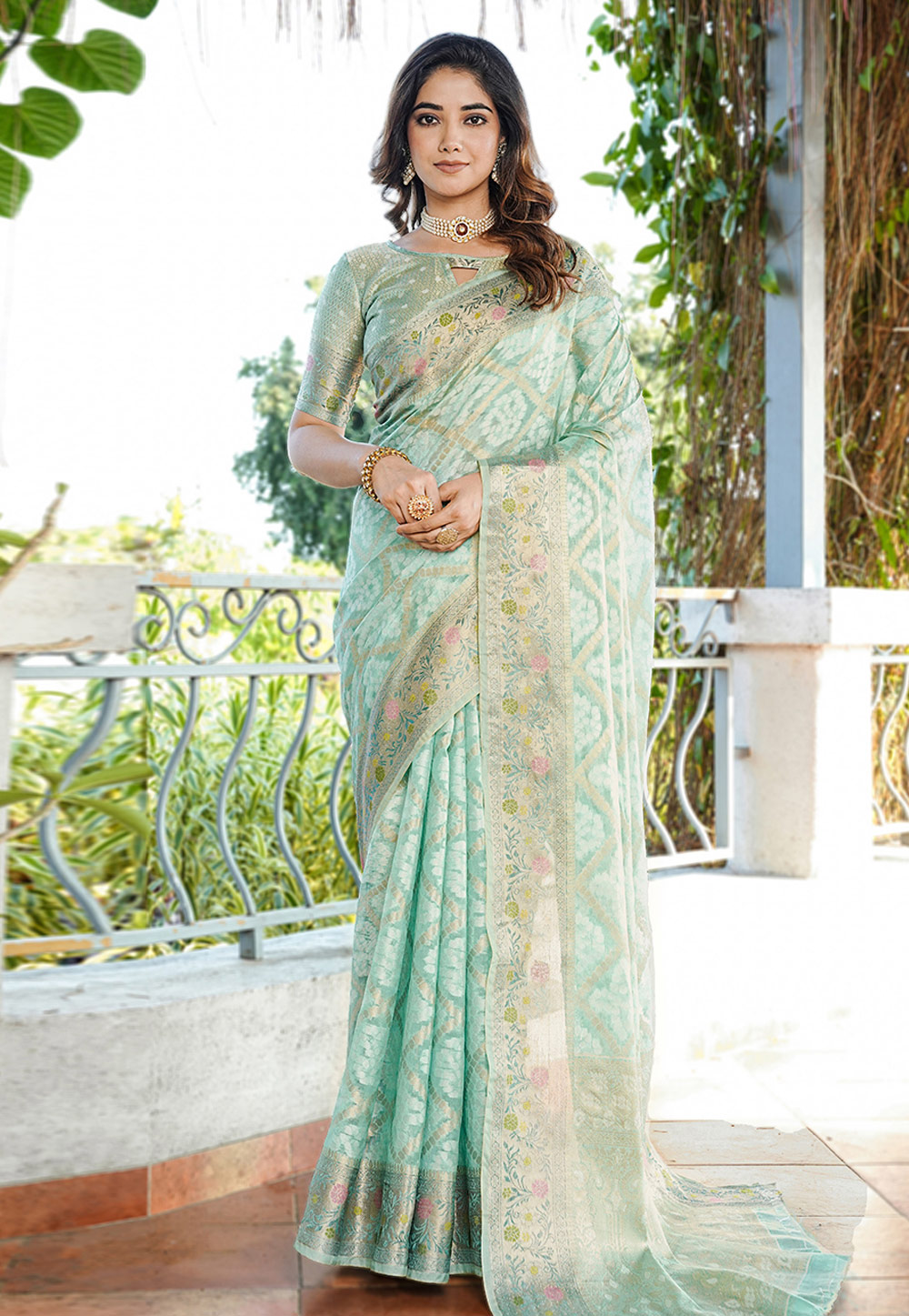 Sea Green Organza Saree With Blouse 321386