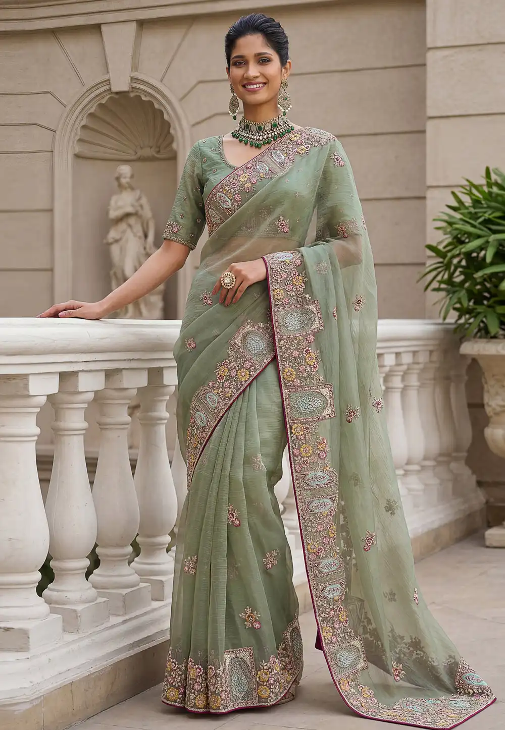 Sea Green Organza Saree With Blouse 328843
