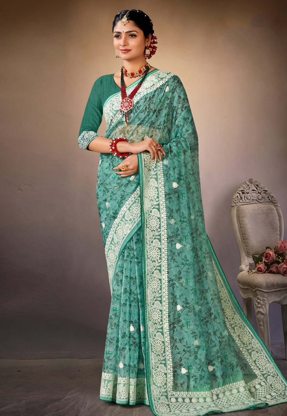 Sea Green Organza Saree With Blouse 278752