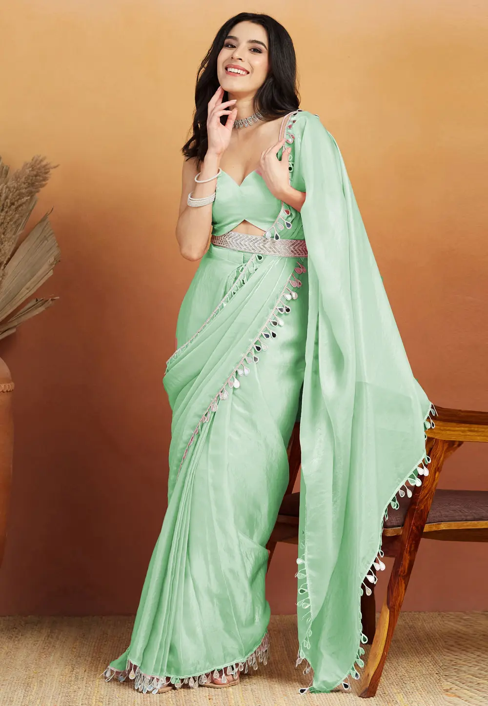 Sea Green Organza Saree With Blouse 331418