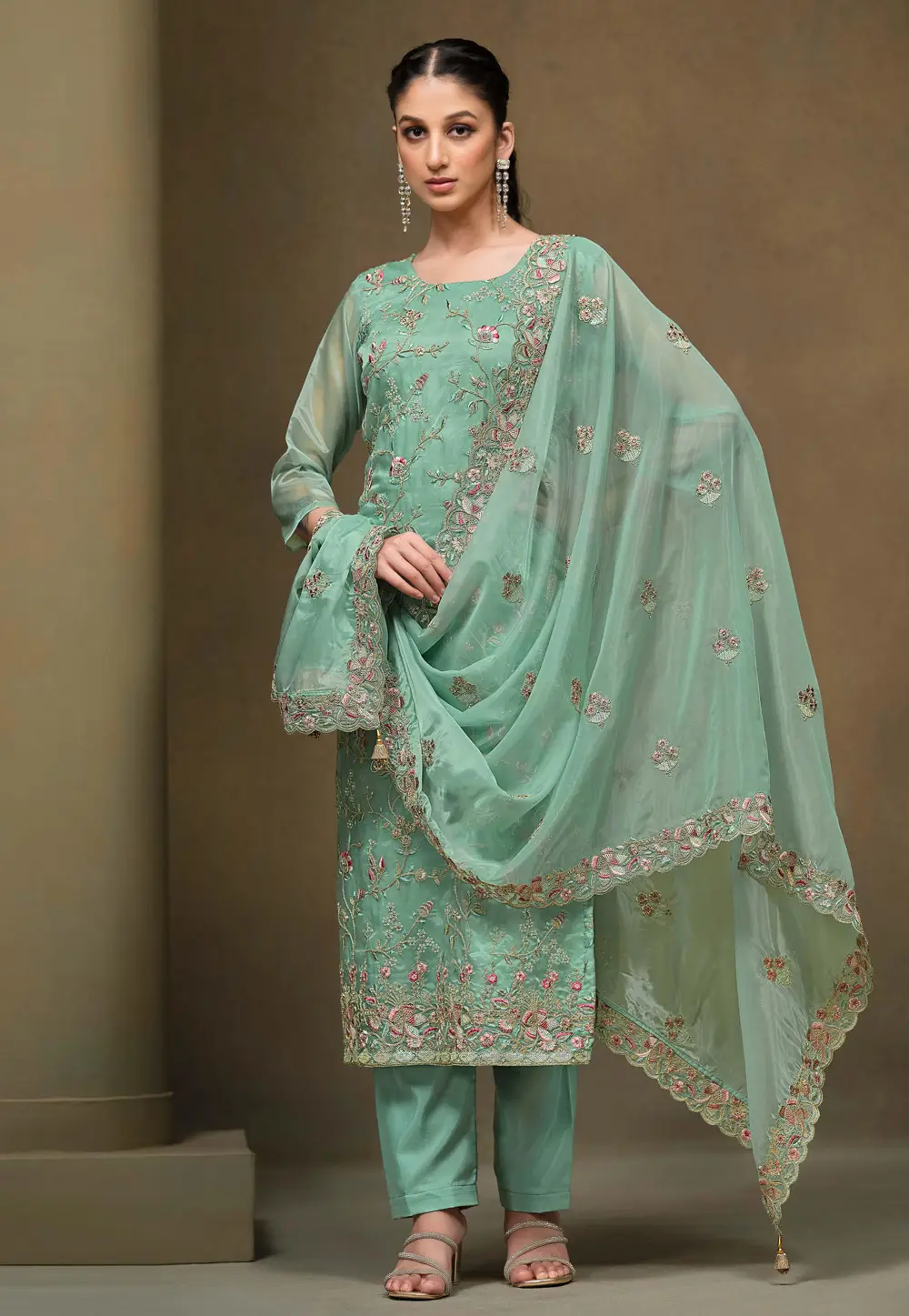 Sea Green Organza Straight Suit 336759