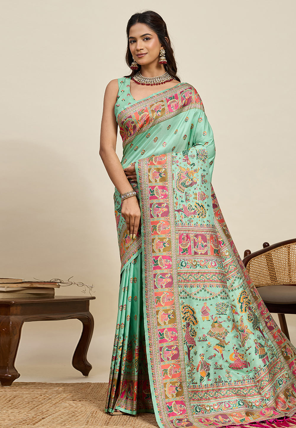 Sea Green Pashmina Saree With Blouse 323025