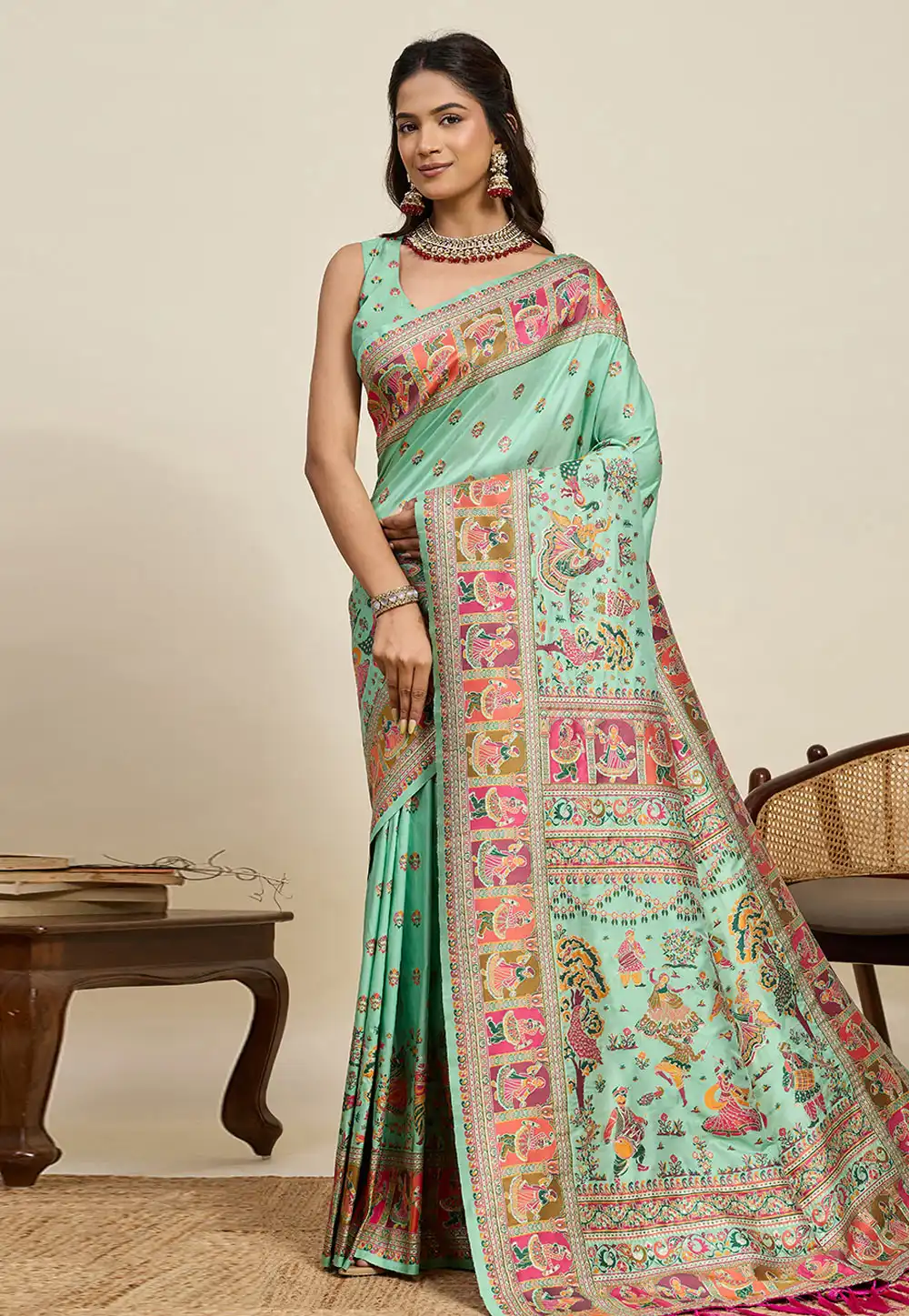 Sea Green Pashmina Saree With Blouse 323025