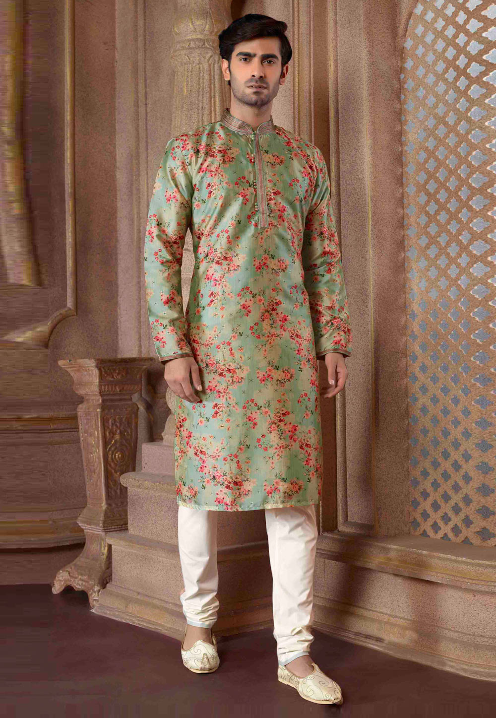 Sea Green Polyester Kurta Pajama 280922