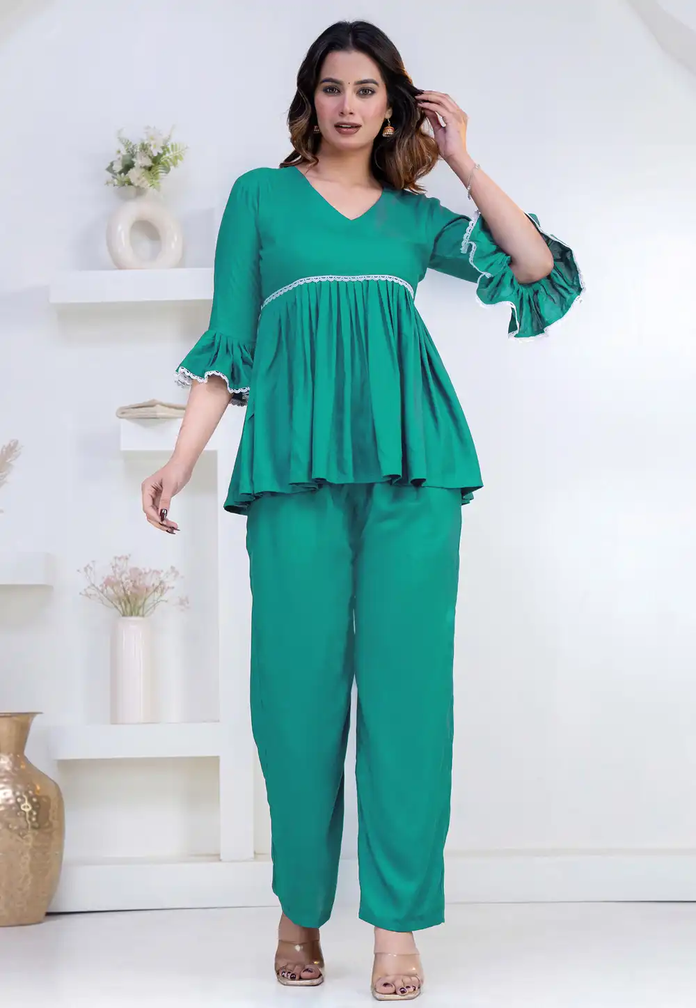 Sea Green Rayon Kurta Set With Palazzo 327282