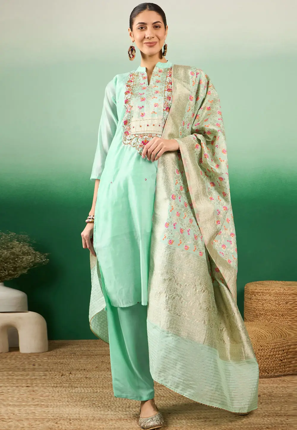 Sea Green Rayon Readymade Palazzo Suit 332266
