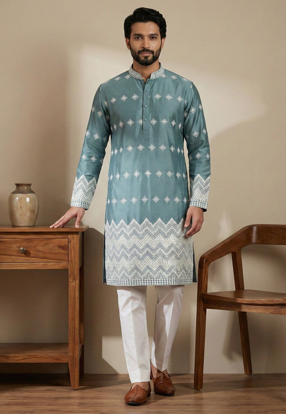 Sea Green Satin Kurta Pajama 324317
