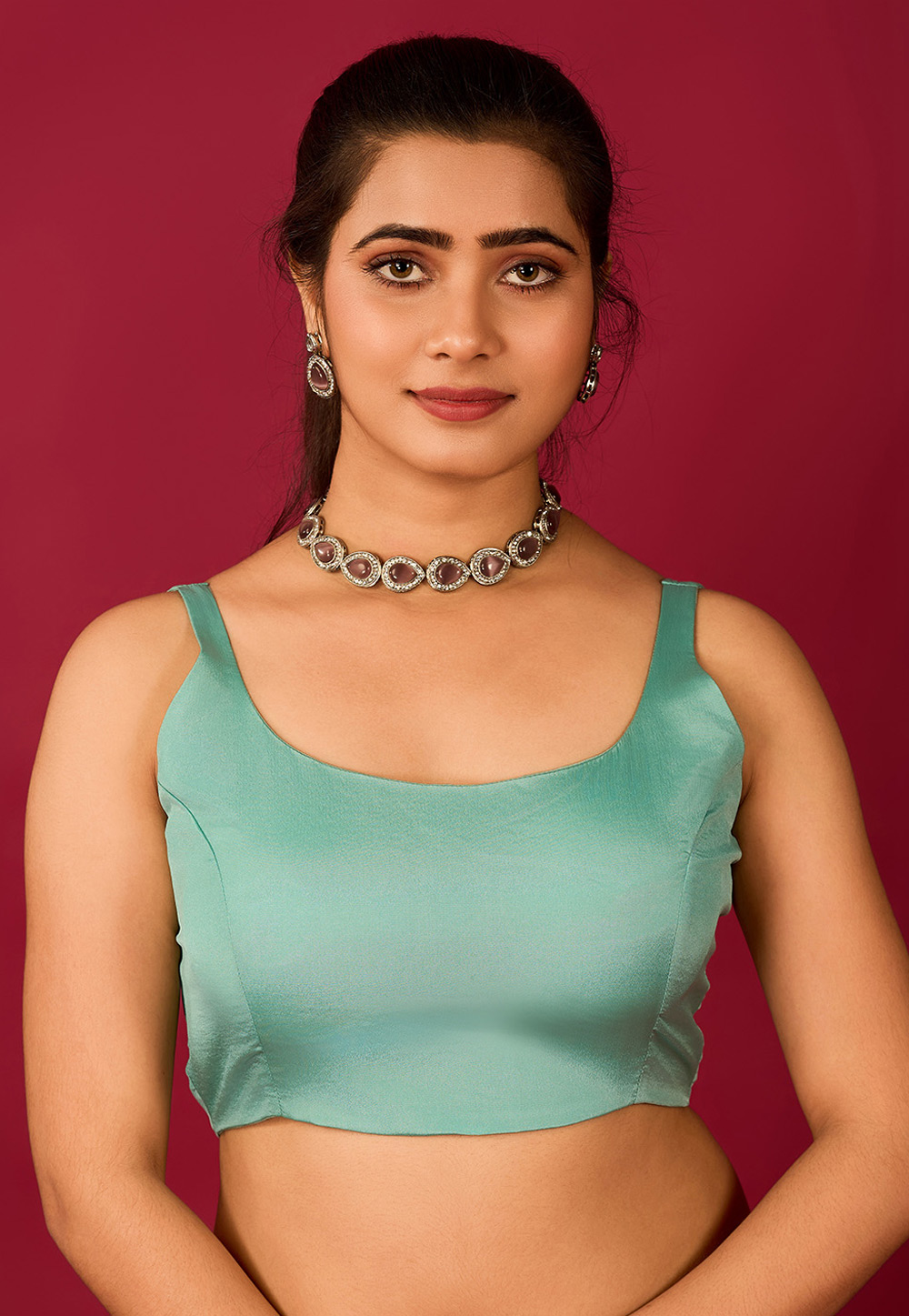 Sea Green Satin Readymade Blouse 285317