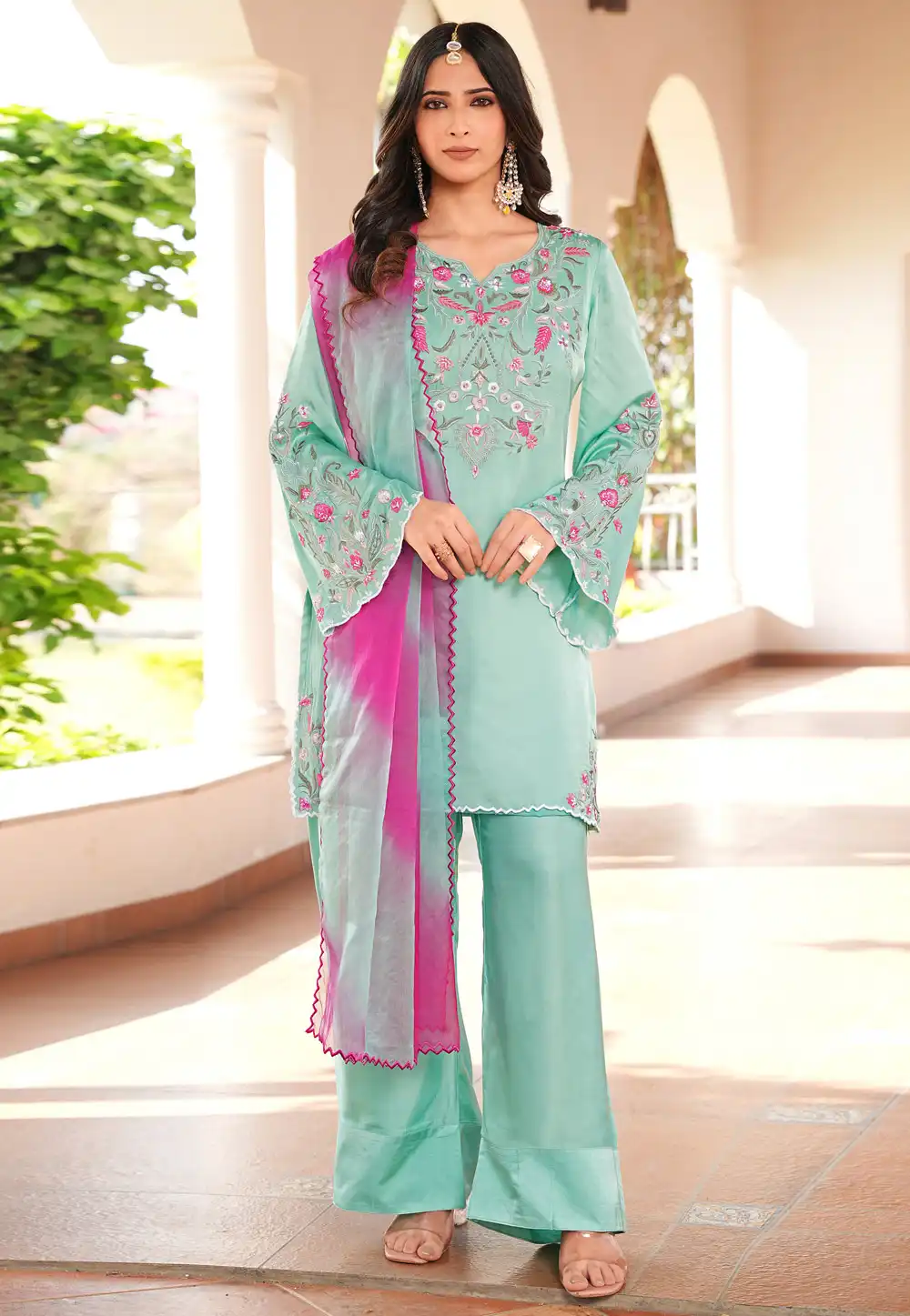 Sea Green Satin Readymade Pakistani Suit 325049