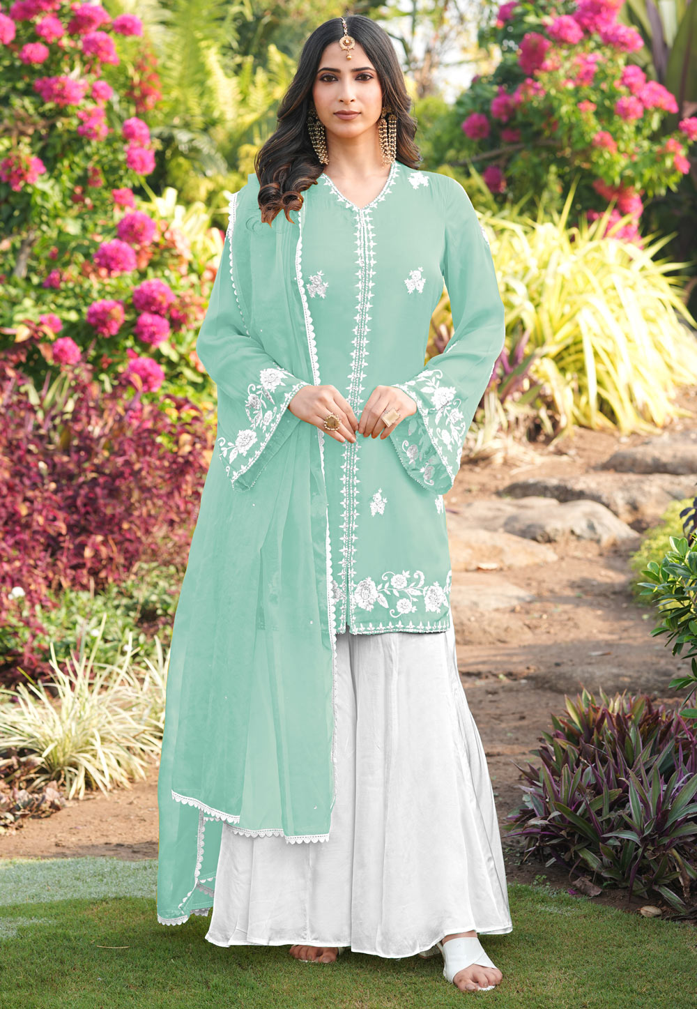 Sea Green Satin Readymade Pakistani Suit 325059