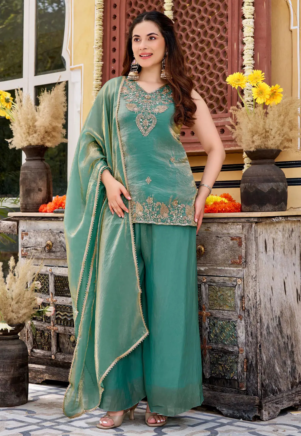 Sea Green Satin Readymade Pakistani Suit 331880