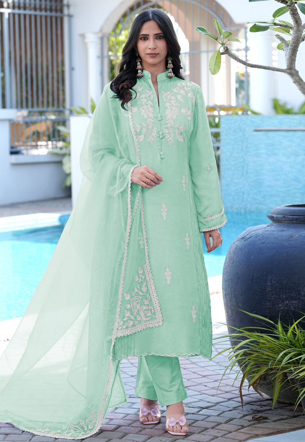 Sea Green Satin Readymade Pant Style Suit 325067