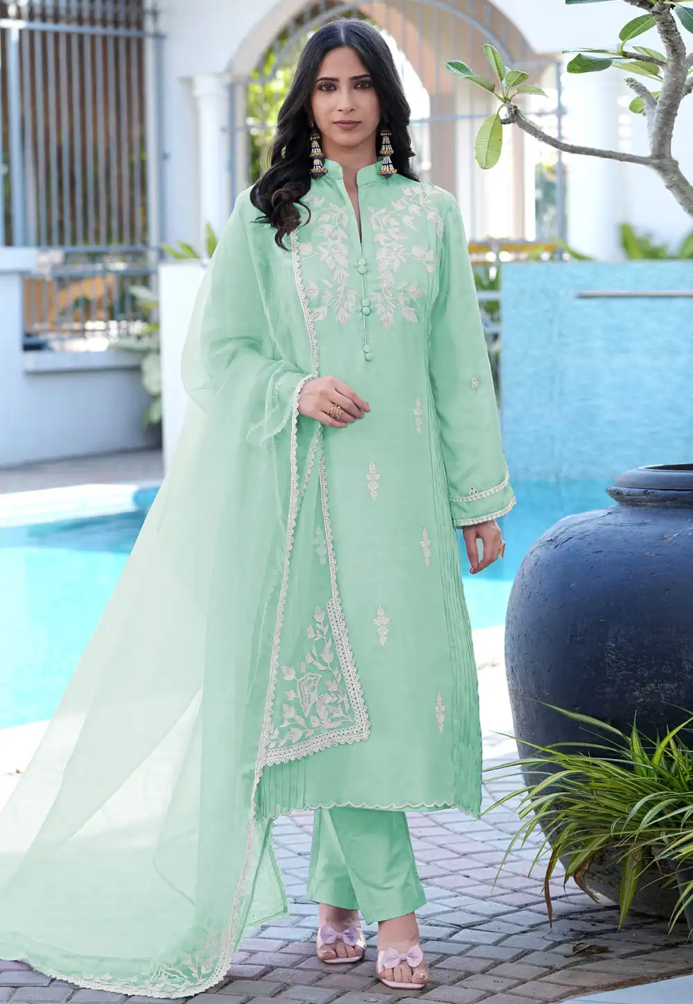 Sea Green Satin Readymade Pant Style Suit 325067
