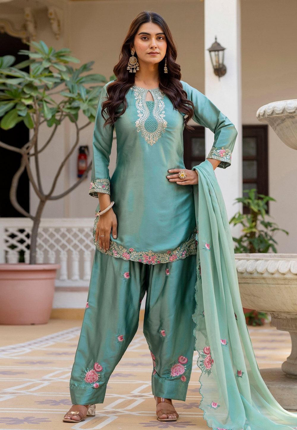 Sea Green Satin Readymade Patiala Suit 326942