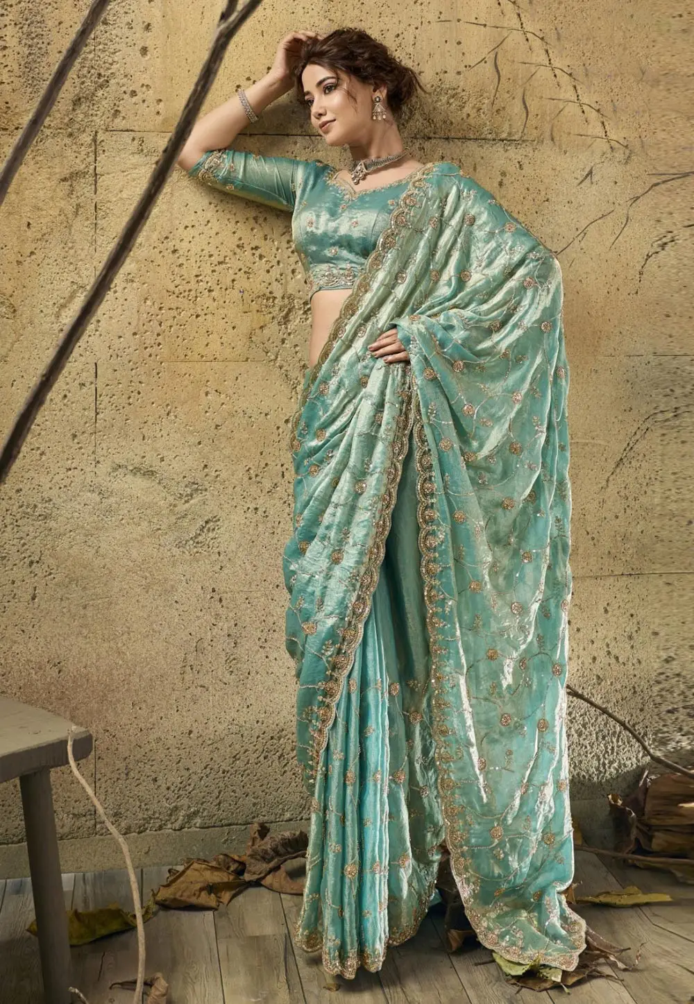 Sea Green Satin Saree With Blouse 332242