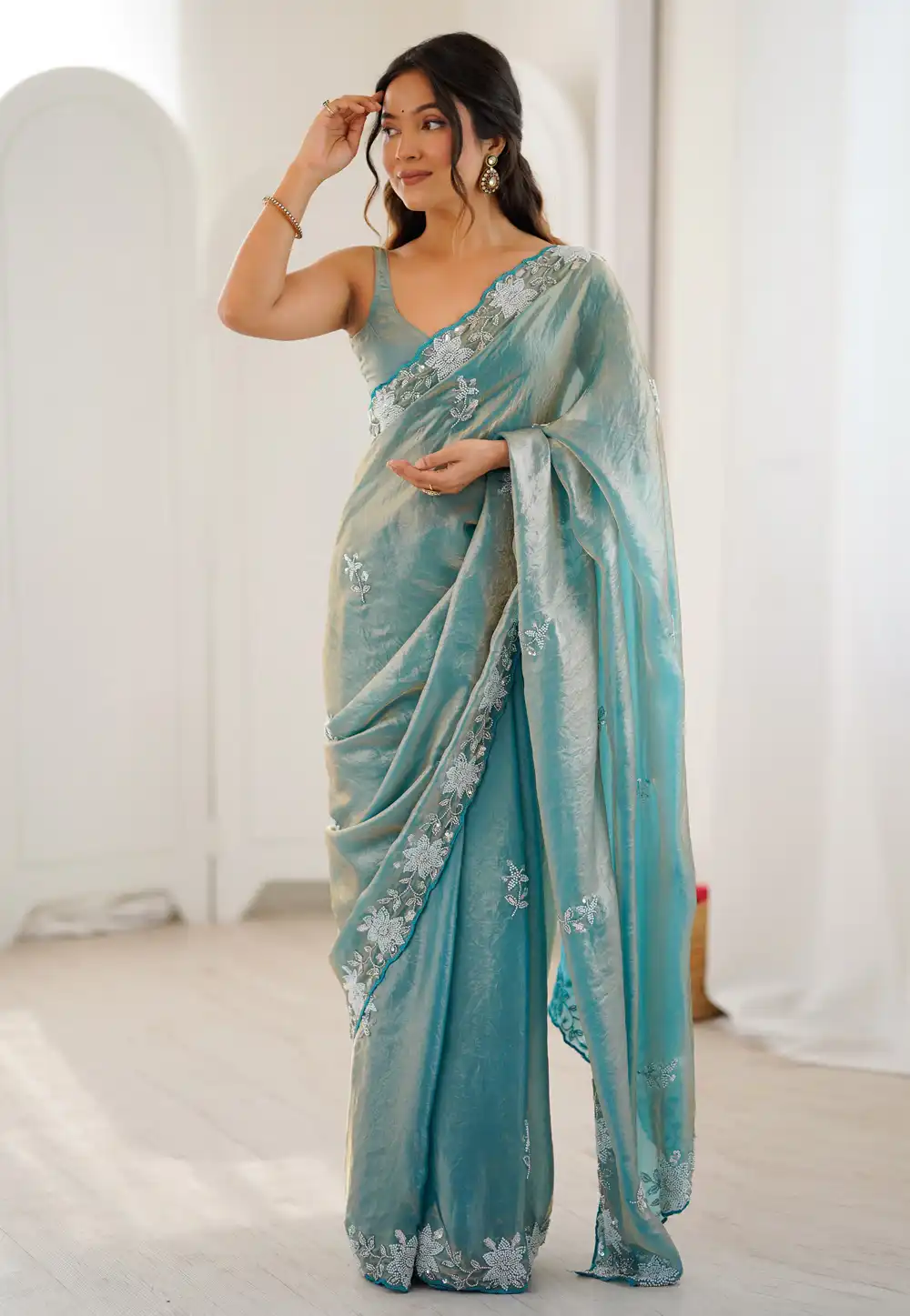 Sea Green Satin Saree With Blouse 320288