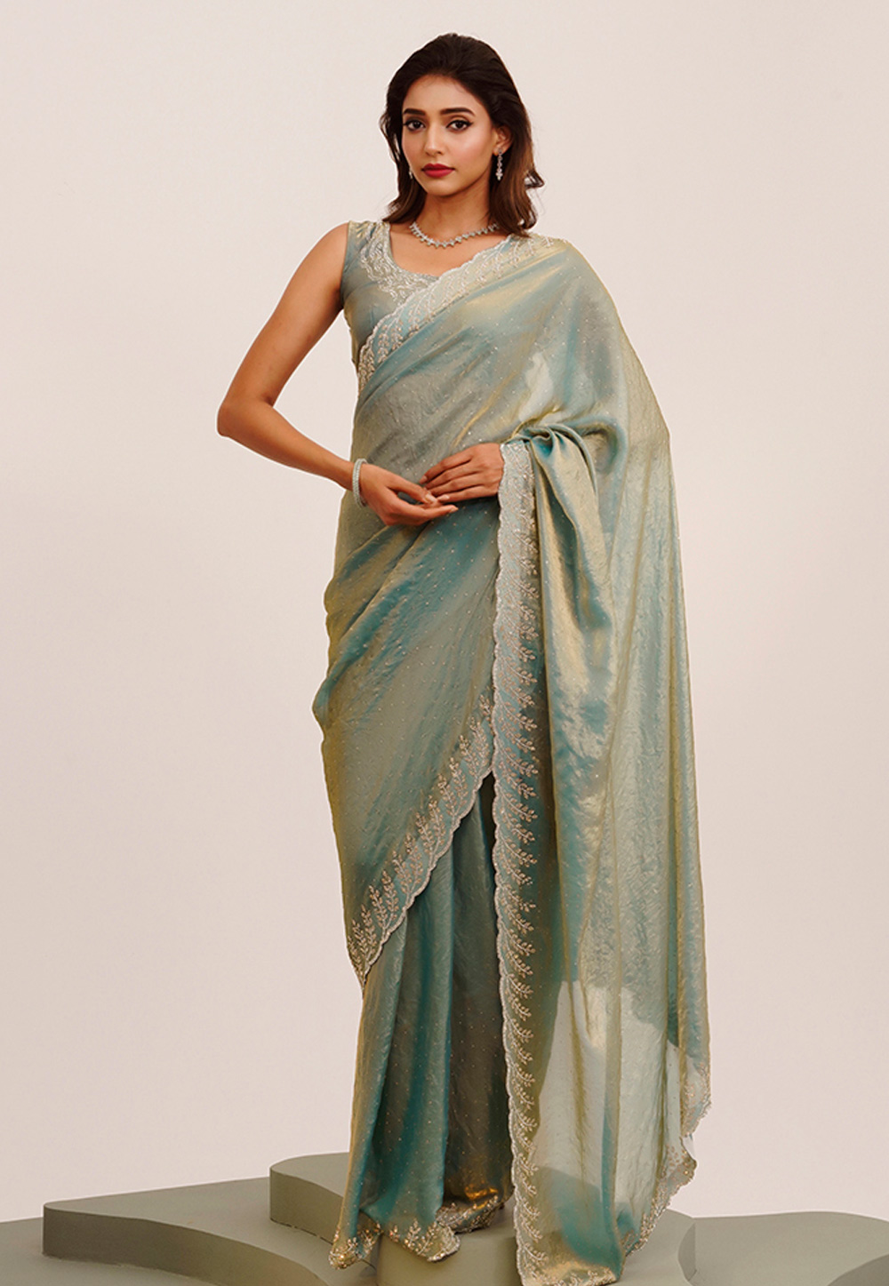 Sea Green Satin Saree With Blouse 311822