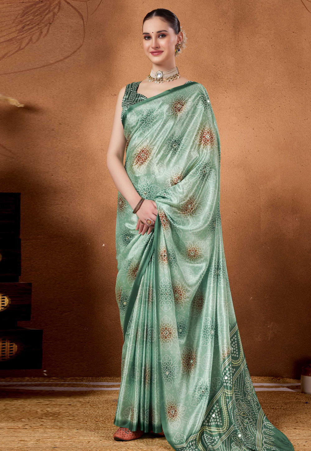 Sea Green Satin Silk Bandhani Print Saree 327125