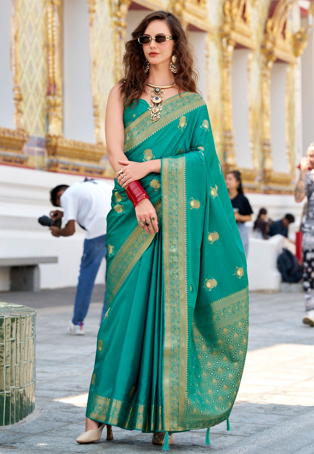 Sea Green Satin Silk Saree With Blouse 307013
