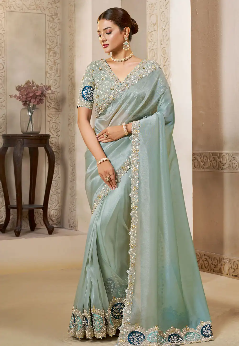 Sea Green Satin Silk Saree With Blouse 318968