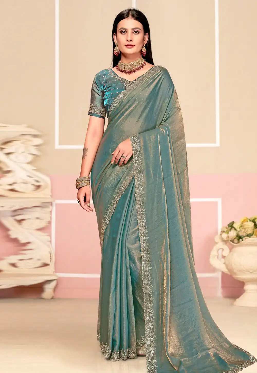 Sea Green Satin Silk Saree With Blouse 310843