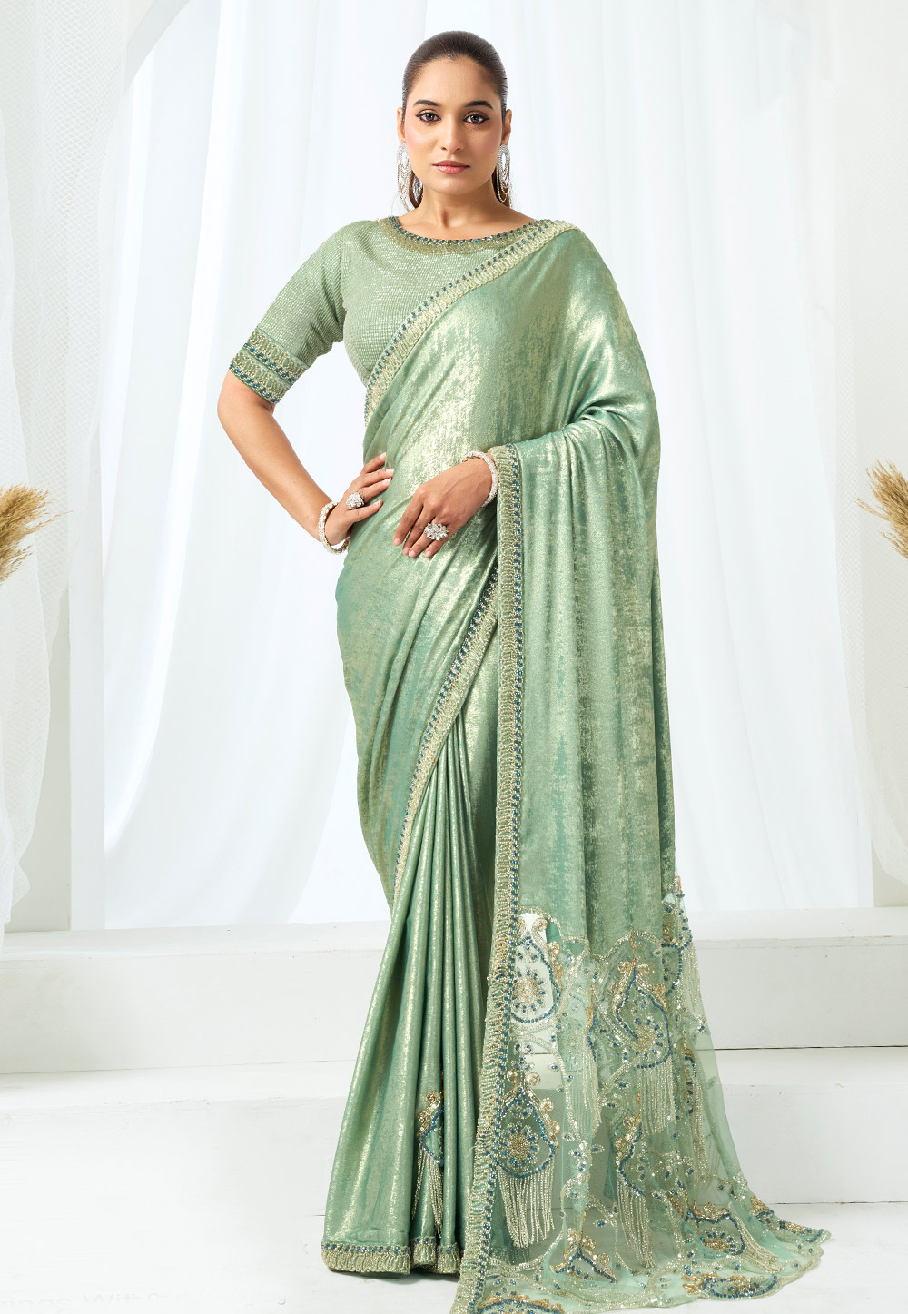 Sea Green Satin Silk Saree With Blouse 326767