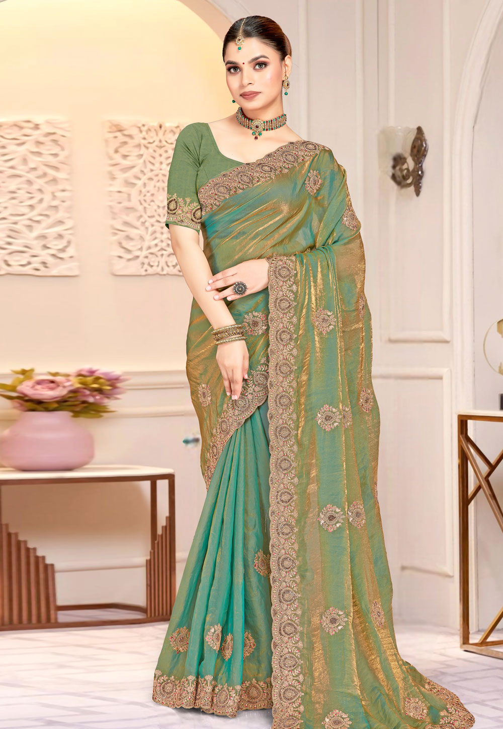 Sea Green Satin Silk Saree With Blouse 318429