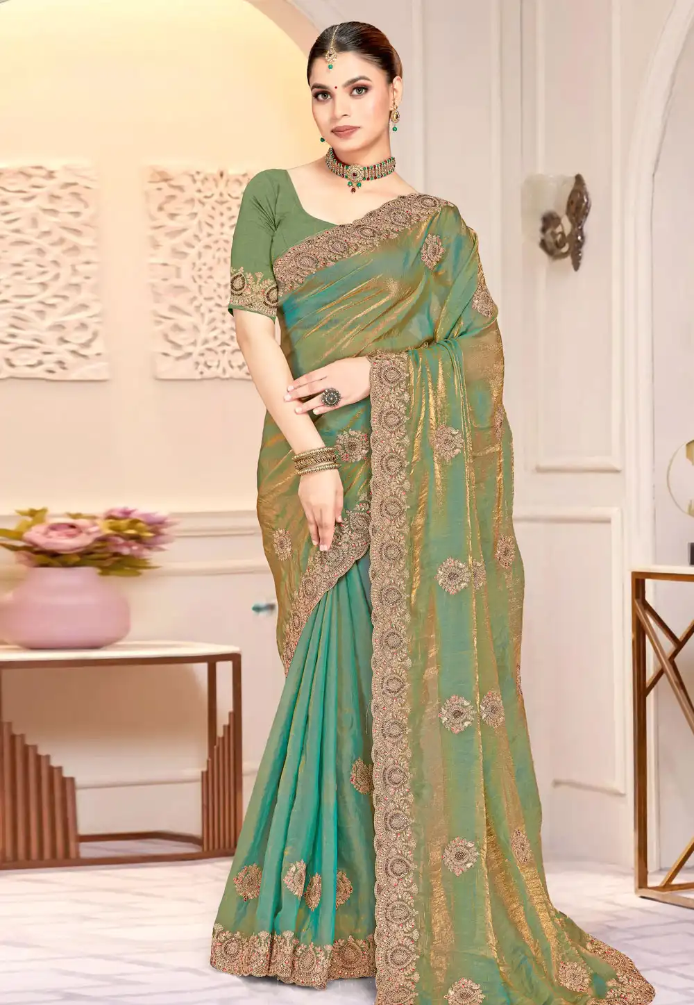 Sea Green Satin Silk Saree With Blouse 318429