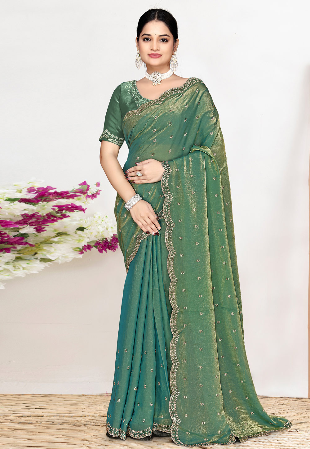 Sea Green Satin Silk Saree With Blouse 327224