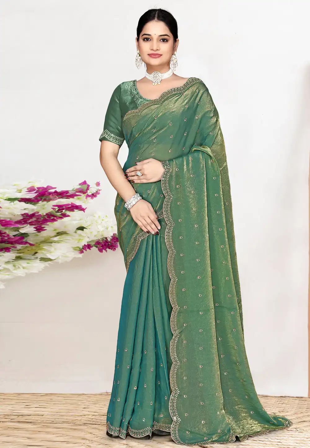 Sea Green Satin Silk Saree With Blouse 327224