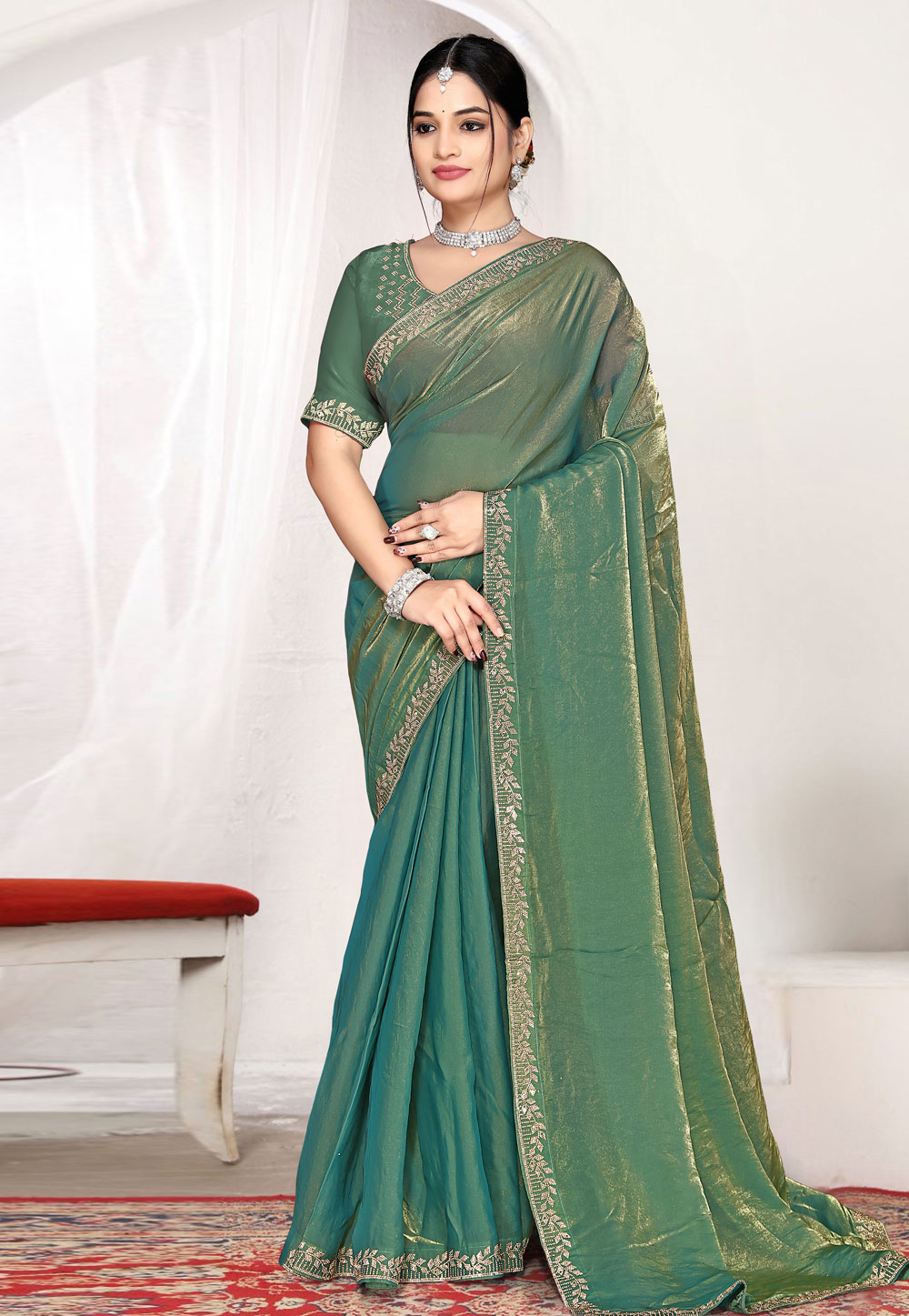 Sea Green Satin Silk Saree With Blouse 327393
