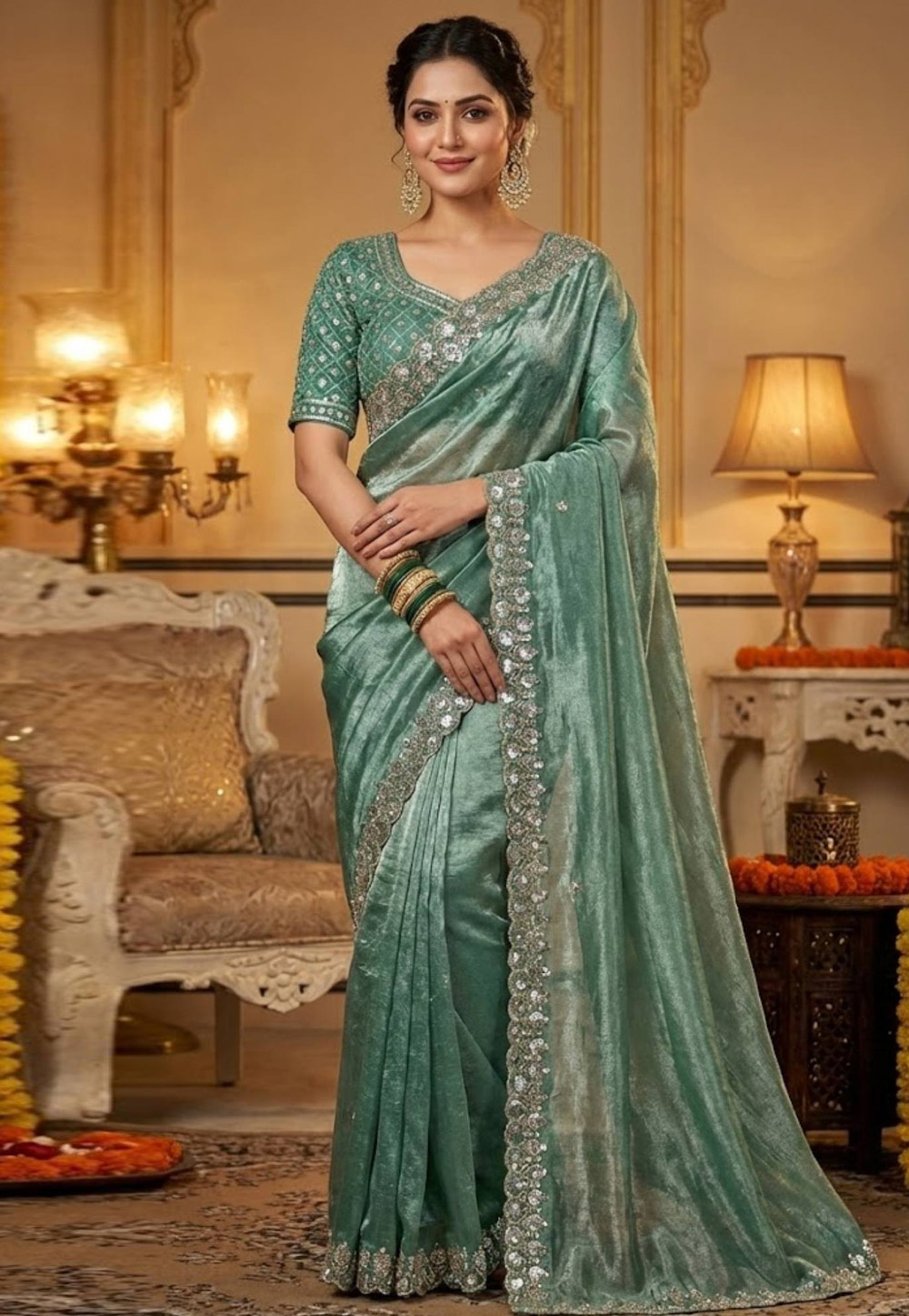 Sea Green Satin Silk Saree With Blouse 322386