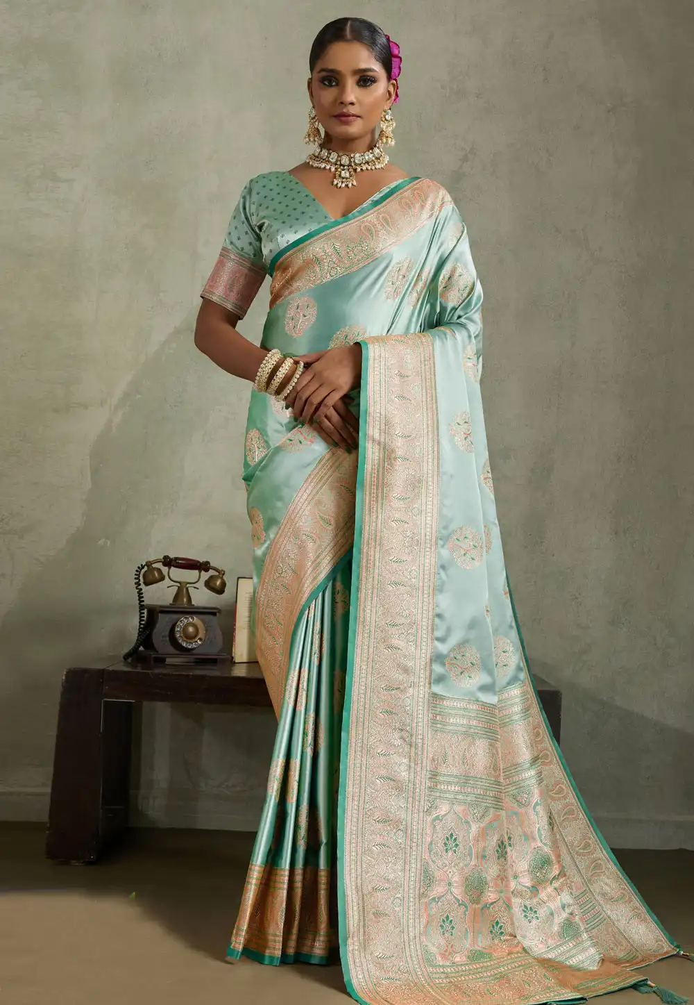 Sea Green Satin Silk Saree With Blouse 317372
