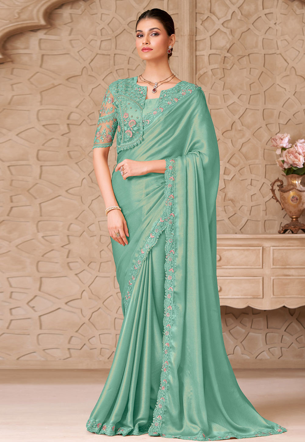 Sea Green Shimmer Designer Saree 325759