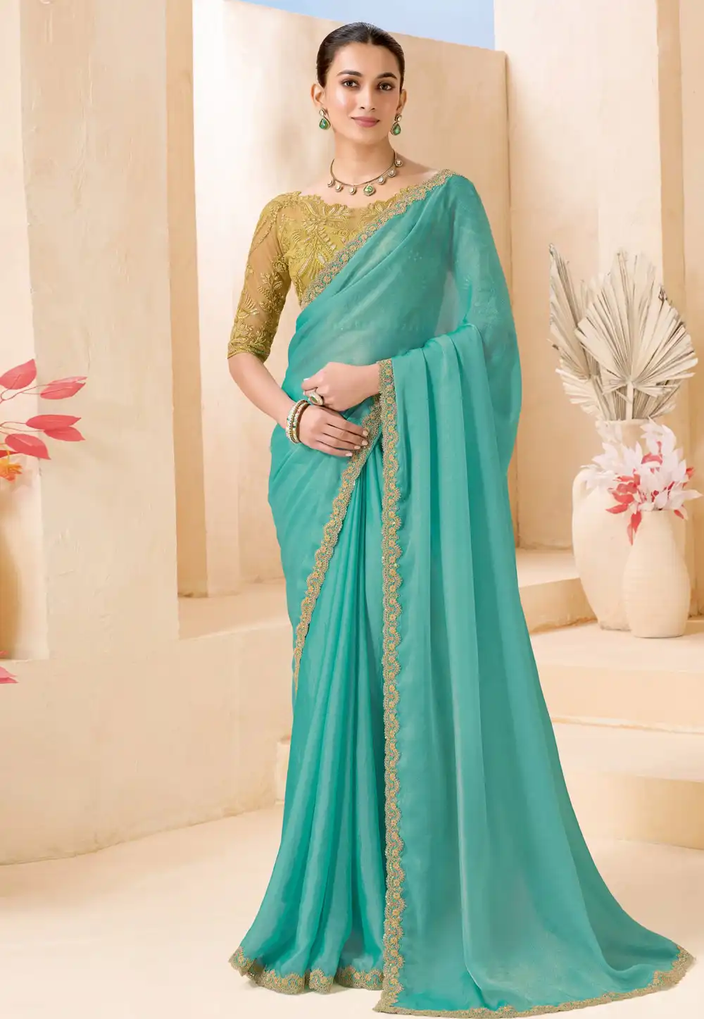 Sea Green Shimmer Georgette Saree With Blouse 327648
