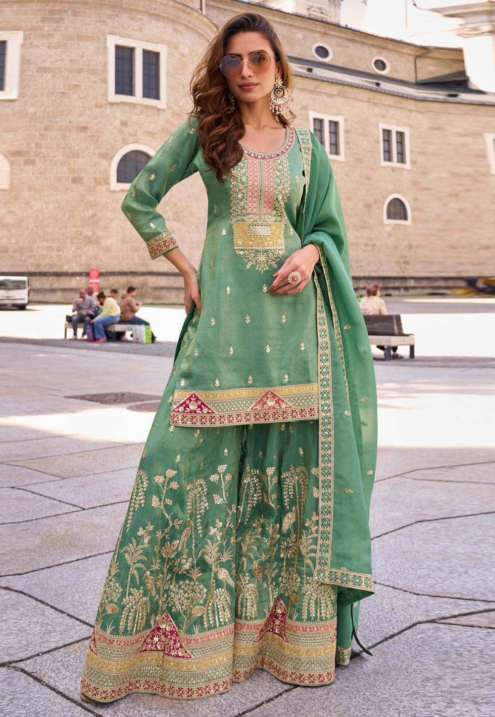 green indo western dress for women Azure X Laiba Khan Green Mehndi Most Beautiful 9mm Work Dress 2025 Latest Pakistani  Dresses 11.11 Sale 2025 – Wearza main image 1