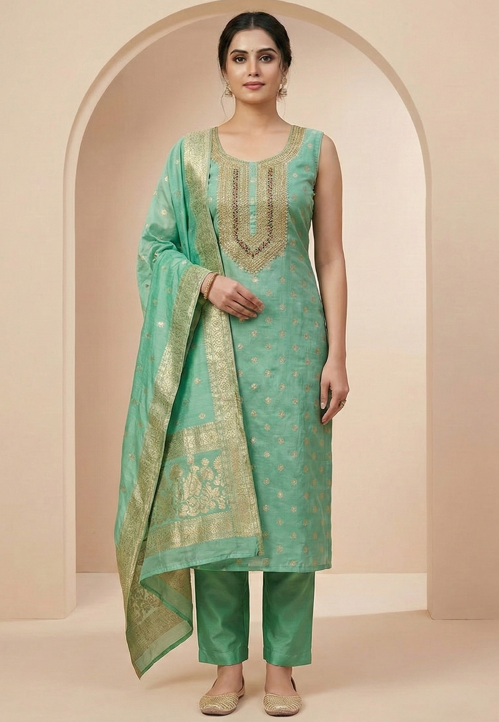 Sea Green Shimmer Pant Style Suit 322587