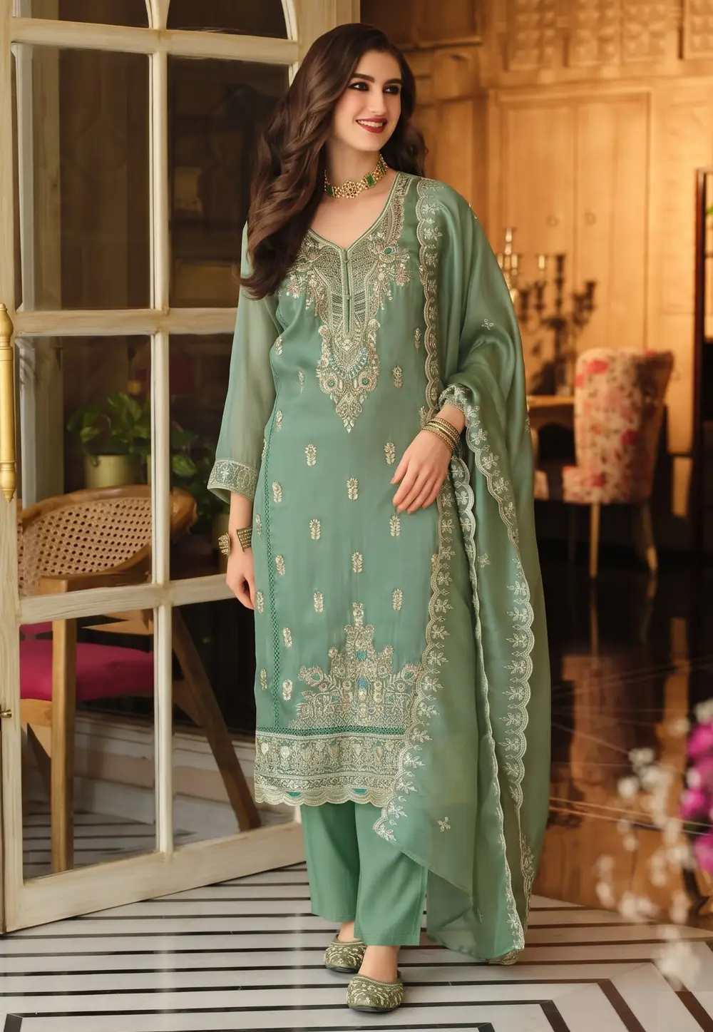 Sea Green Shimmer Readymade Straight Suit 336270
