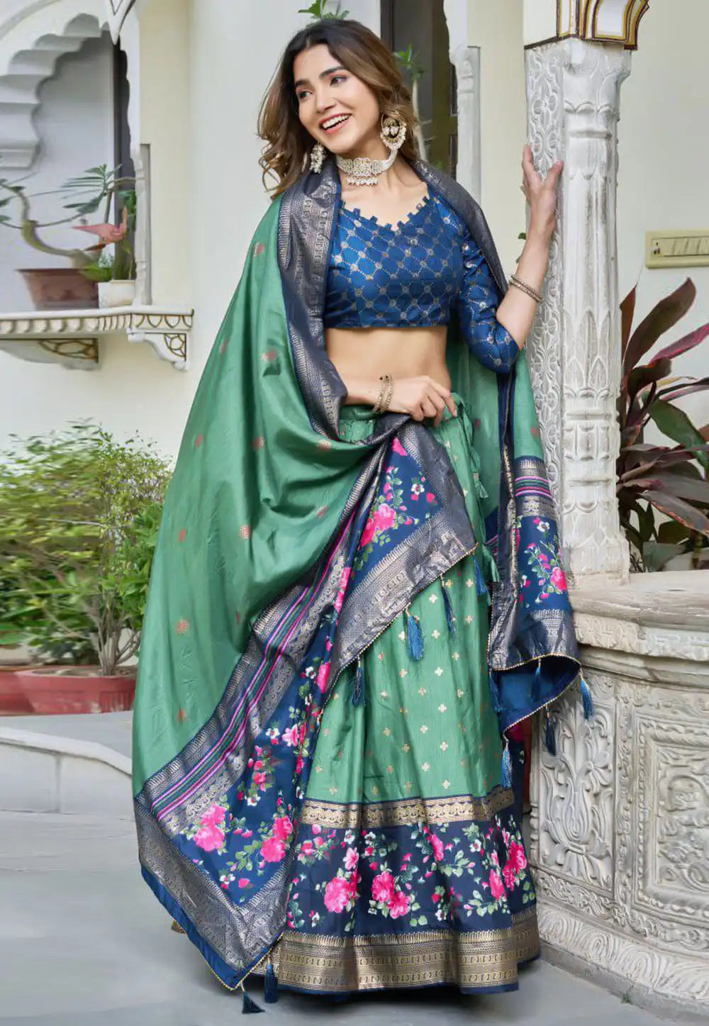 Sea Green Silk Circular Lehenga Choli 327809