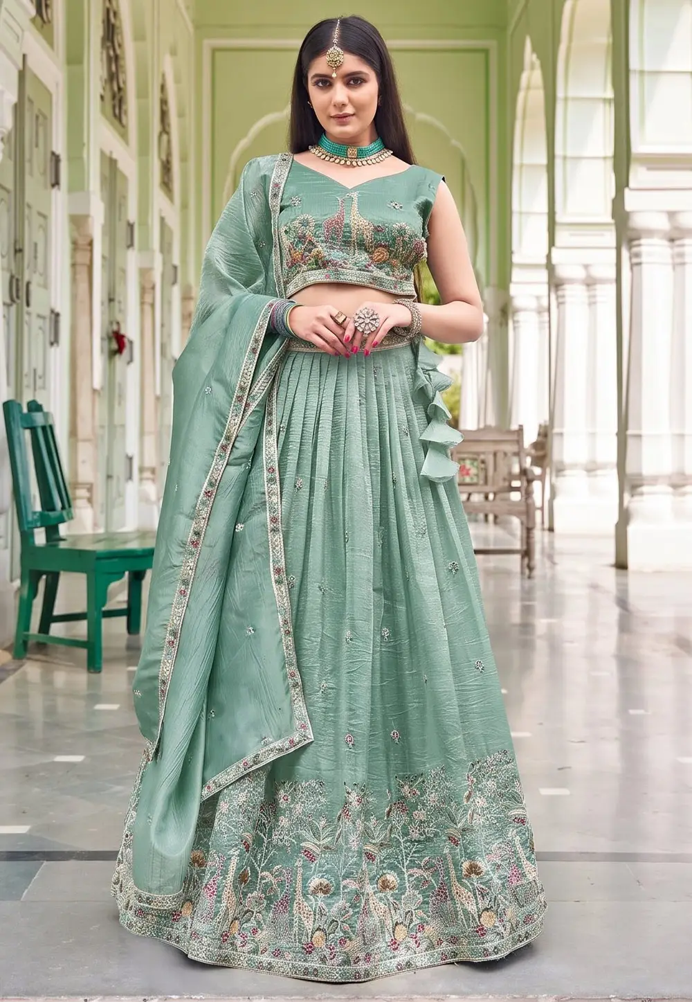 Sea Green Silk Circular Lehenga Choli 333826