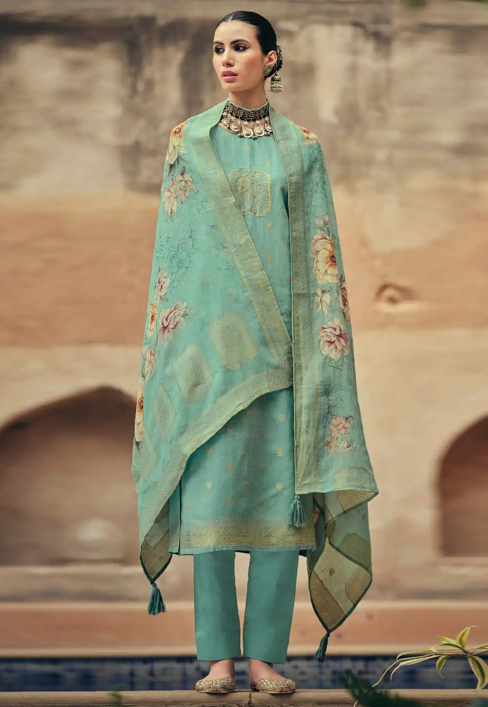 Sea Green Silk Cotton Straight Suit 328870