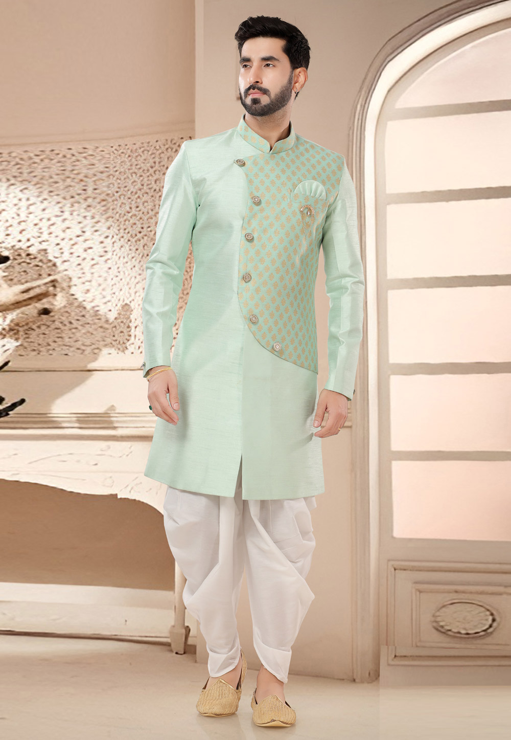 Sea Green Silk Dhoti Sherwani 285778