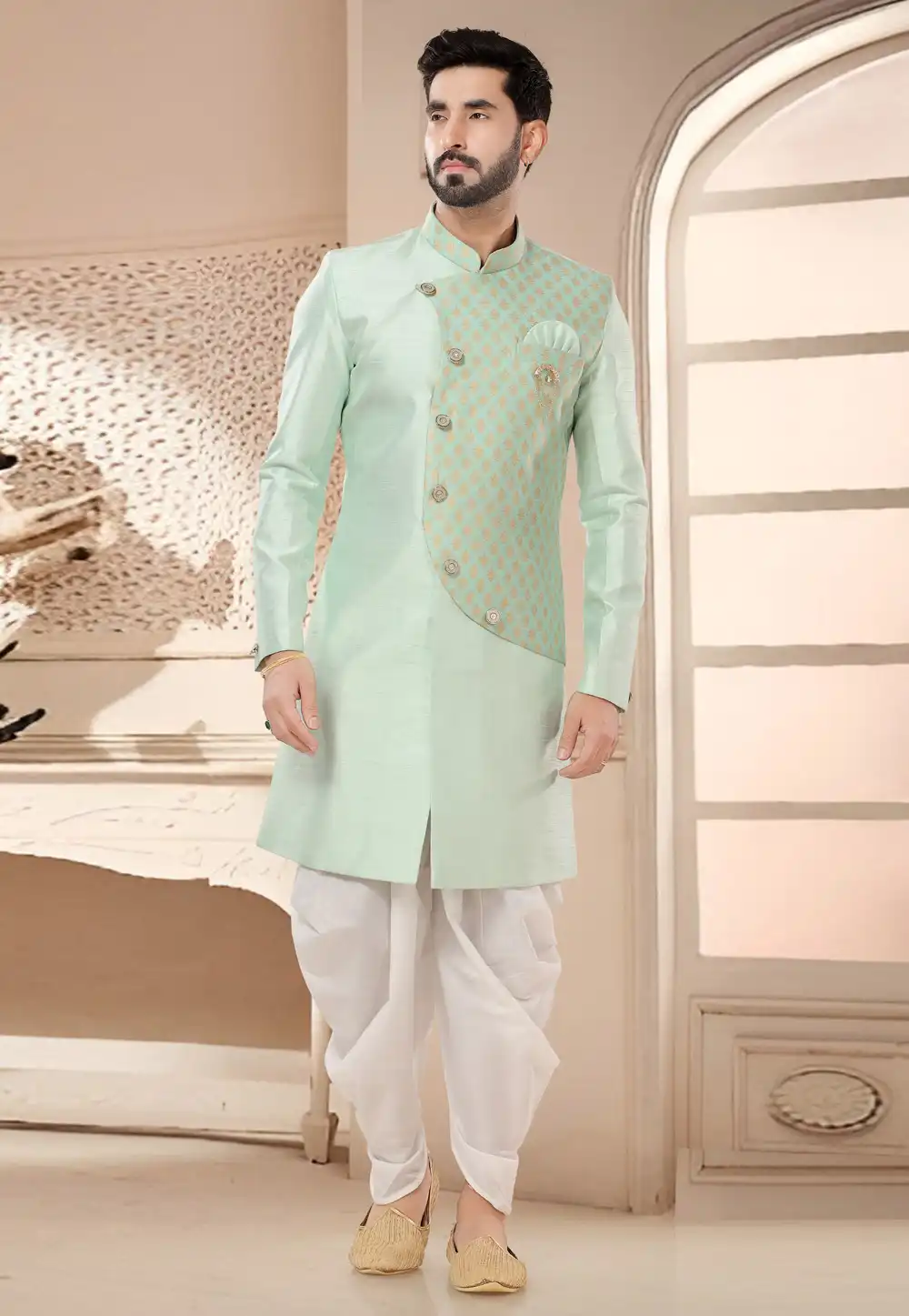Sea Green Silk Dhoti Sherwani 285778